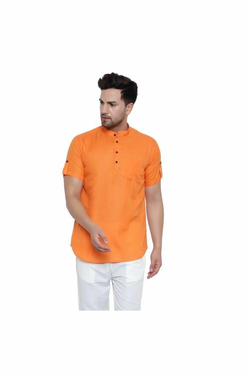 VOLRIX Men's Half Sleeve Short Kurta Cotton & Linen