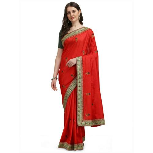 Joshwa Women Red Embroidered Silk Blend Leheria Saree