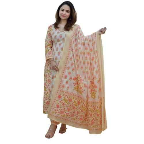 MEEPAL Elegant Blossoms: Women's Ivory-Peach Floral Afghani Suit- 6XL