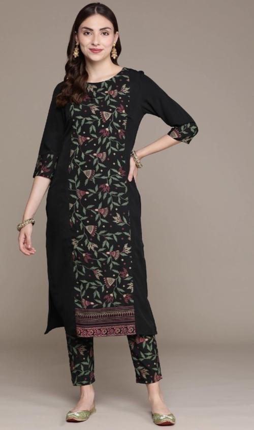 larvish Women Black Printed Cotton Blend Kurta and Pant Set - L