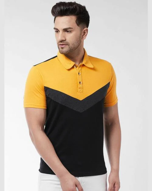 Gritstones Color Block Men Polo Neck Yellow, Black T-Shirt