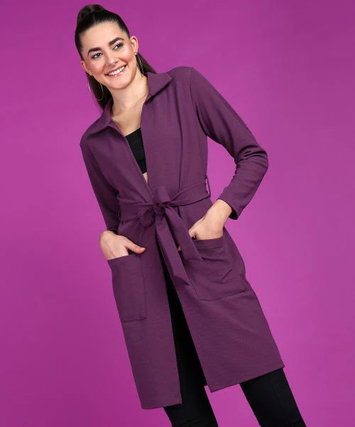 Popwings Women Casual Purple Solid Belt Closure Long Shrug | Trendy Shrug | Stylish Shrug | New Design Shrug
