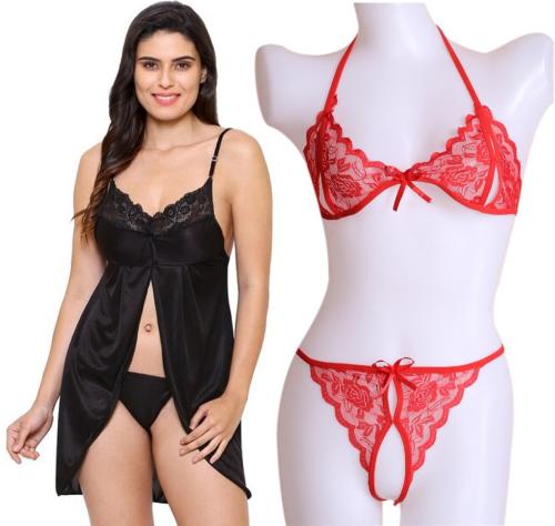 Iyaracollection Women Black Self Design Lace, Pure Satin Babydoll Set