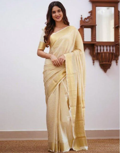 Siril Art Silk White & Gold Color Saree with Blouse piece