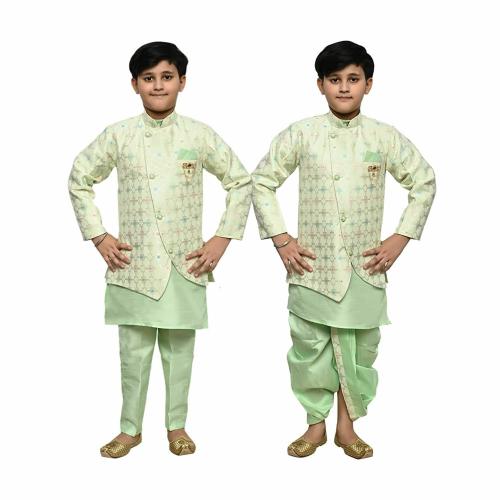 KLAUD ZEE Boys Green Self Design Jacquard Silk Indo-Western Kurta, Trouser, Dhoti And Indo Set