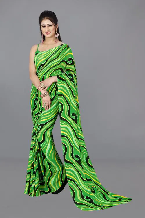 Anand Women Green Self Design Pattern Georgette Single Saree Without Blouse