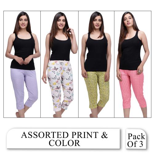 Emotions Womens Cotton Capri Pants Regular Fit 38inch Waist|Capris for Women|Womens Cotton Capris|Multicolor Assorted Prints Pack of 3 [Colors May Vary]