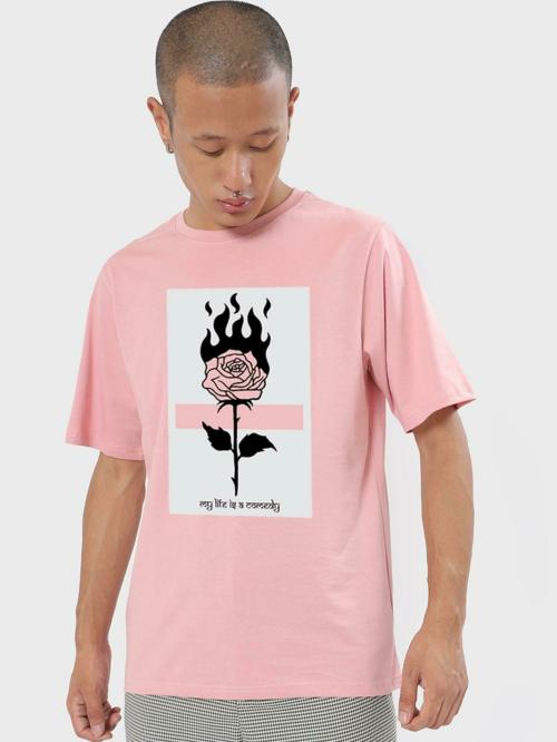 Bewakoof Men's Pink My Life Is A Comedy Graphic Printed Short Sleeve Round Neck Oversized T-shirt