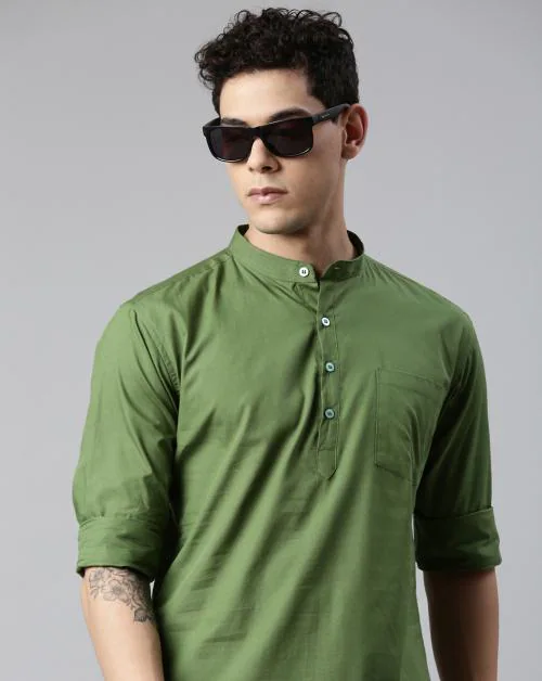 Kryptic Mens Olive Green Solid Cotton Short Kurta