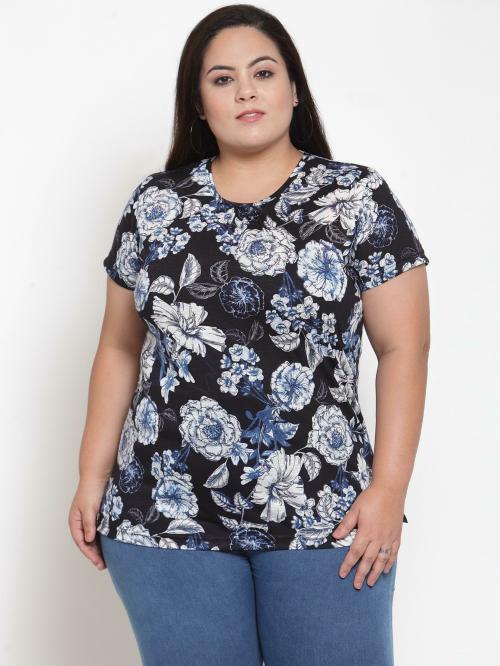 Pluss Women Blue Printed Pure Cotton Round Neck T-Shirt (3Xl)