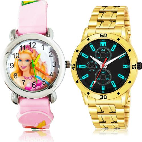 NIKOLA Classical Quartz Doll Kids And Gold Chain Pink And Gold Colour Analog Plastic And Stainless Steel Belt 2 Watch Combo For Boys And Men - BK9-(63-S-21)