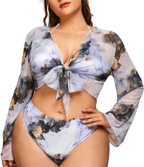 Plus Curvves 3pack Plus Tropical Halter Bikini Swimsuit & Kimono Grey- 6XL