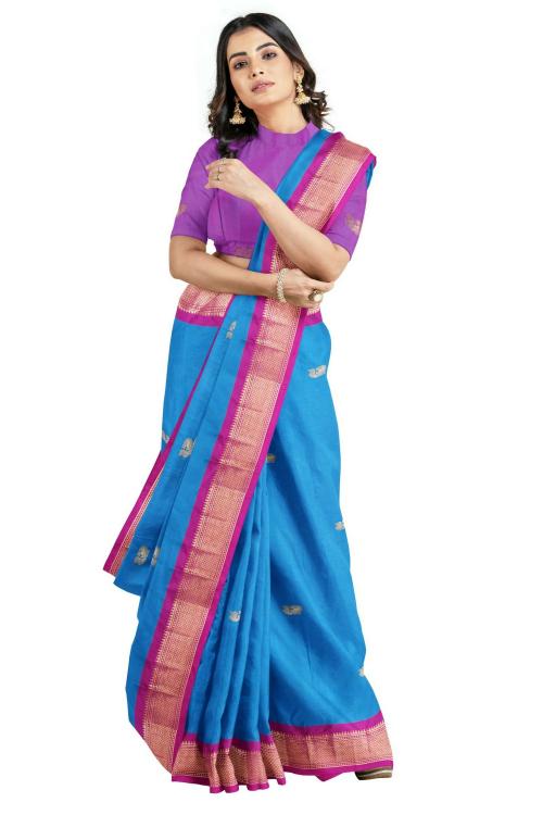 SWIFFIN Designer Cotton Silk Paithani Sky Blue-Pink Saree For Women/Women Saree With Unstitched Blouse- PAITHANI-SKY BLUE-PINK