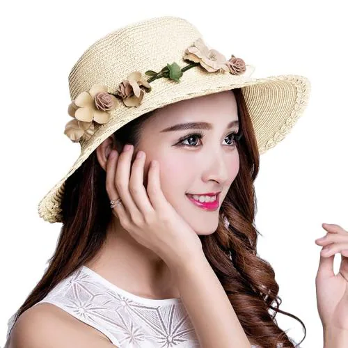 Palay Womens Fashion Summer Straw Hat Flower Ring Sun Hat Folding Travel Beach Cap Travel Hat For Women