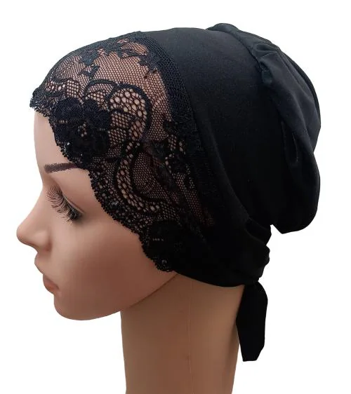 Cwen Collection Women Black Lace Rhinestone Tie Back Bonnet Under Scarf Hijab Cap Free Size Jersey Fabric