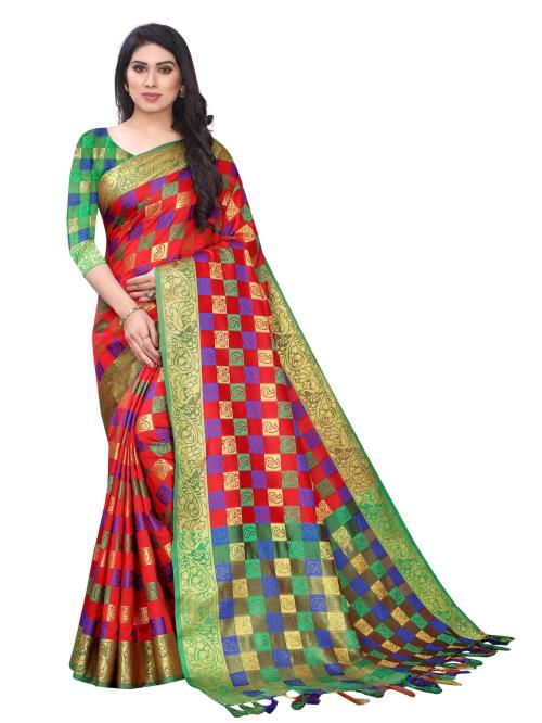 RITARC Women Red Cotton Silk Saree With Blouse Piece