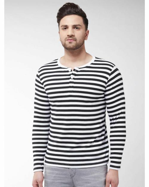 Gritstones Striped Men Henley Neck White, Black T-Shirt
