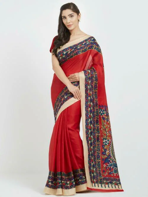 Vkaran Women Red Solid Chiffon Saree