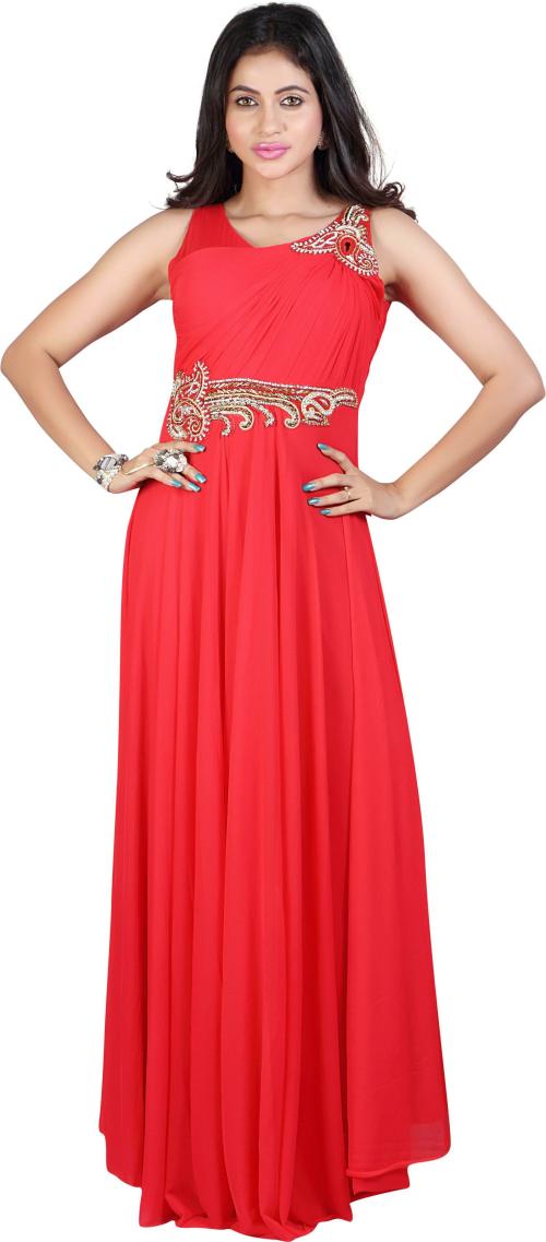 KIYA Women Red Embroidered Rayon Blend Gown (M)