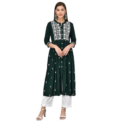 ANGITA Women Embroidered Cotton Rayon Blended A-Line Kurta(Dark Green)
