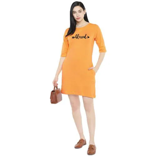 STATUS MANTRA Women Yellow Printed Cotton Knee Length T-Shirt