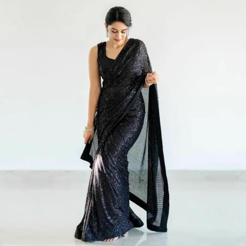 Hari Mirch Black Colour Heavy Georgette Beautiful Shaded Sequence All Over Work Saree With Heavy Banglori Satin Silk Blouse Piece for Women| Party Wear Saree Women | Black Saree | Saree for Women | Sari