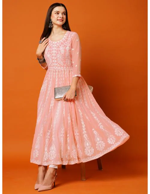 GoSriKi Women's Peach Anarkali Floral Embroidered Chikankari Kurti