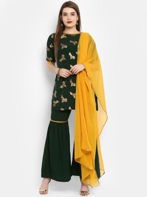 Janasya Women Dark Green Foil Print Poly Crepe Kurta Suit Set