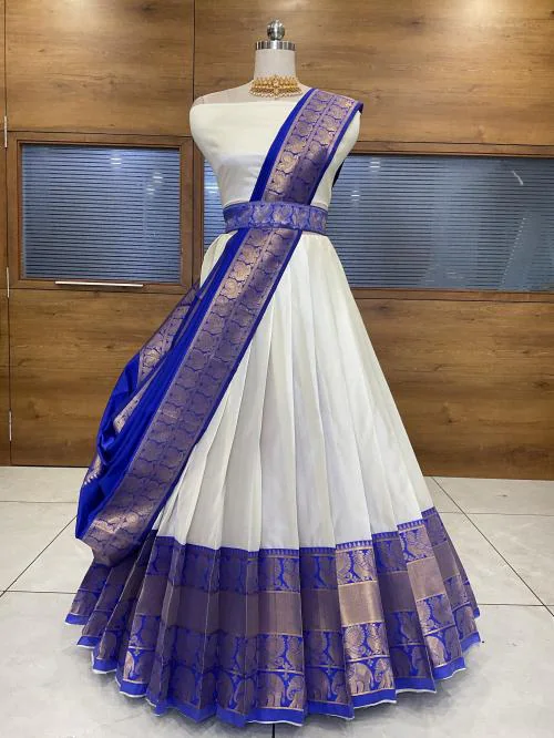 FABCARTZ South Indian Traditonal Wedding Half Saree for Women (White & Blue)