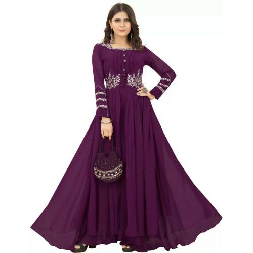 RUYU FASHION Flared V Neck Full Length Green Georgette Gown With 3/4 Sleeve ( XXL )