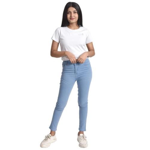 Addiction Guru Ji Creations Creations Women Stylish Fashion Single Buttoned Cotton Denim Jeans-Light Blue