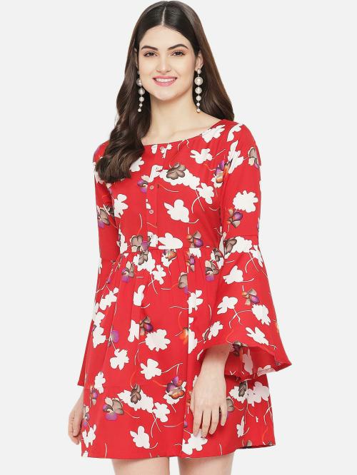 Yaadleen Women Red Floral Polyester Fit And Flare Dress (S)