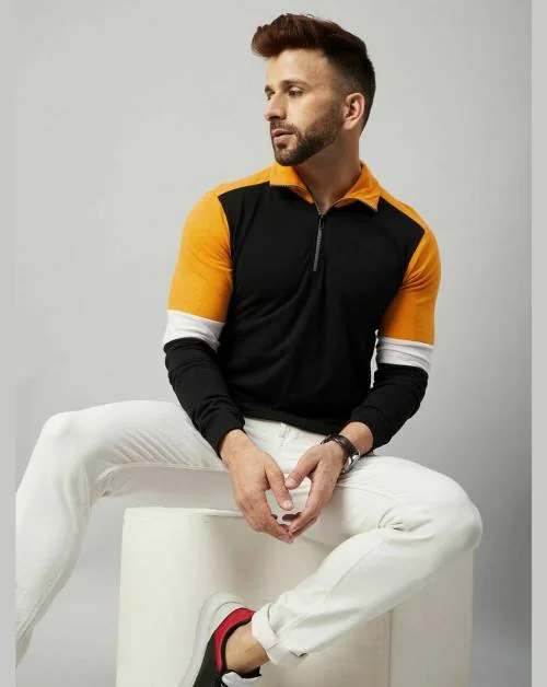 Gritstones Men Black Full Sleeve Cotton Color Block T-Shirt