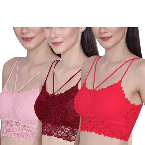 KAMINI Net Lacy Bralette Bra Lightly Padded Bra with Lace Fabric Reguler And Comfortable Bra Cups (Pack of 3 _ Maroon Pink Red)