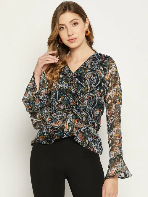 Serein Women's Top (Black Chiffon Printed Top with Ruffle Sleeves & attached inner)
