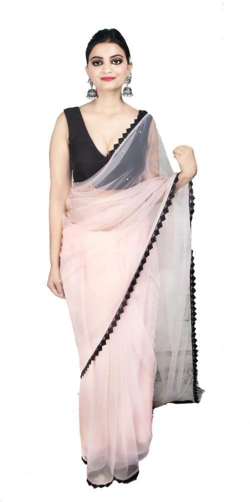 Wardrobe luxury by shreya women's black net saree with pearl
