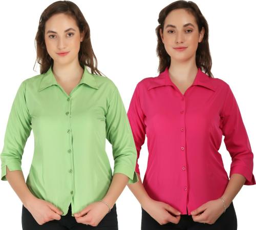 Hunoor Womens Parrot Green and Rani Solid Crepe Pack of 2 Formal Shirt l women shirt l casual shirt for women