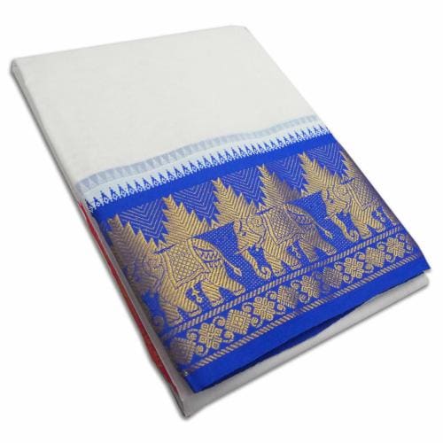 Vimayam South Indian Cotton Off White Unbleached Dhoti Towel Set 9X5[ 7 Inch Border] Tower Elephant