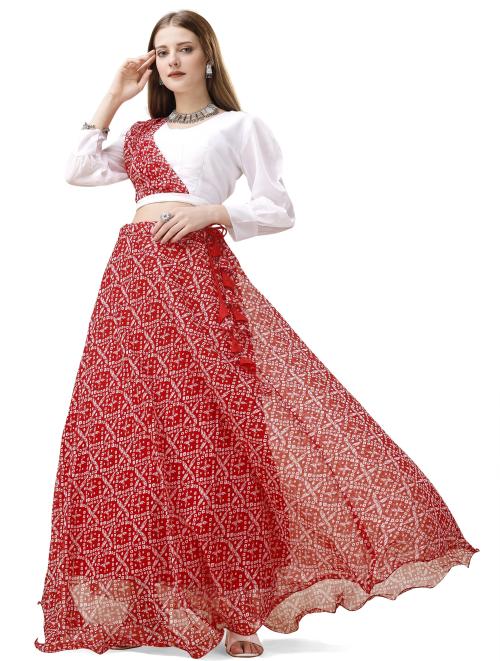 Swaysh Women Red Bandhani Georgette Stitched Lehenga And Crop Top (M)