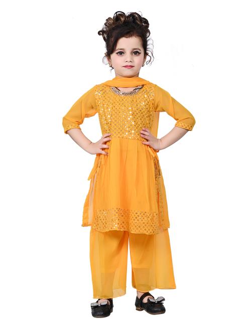 Vivek Girl's Ethnic Wear Georgette Sequence Naira Dress ( Yellow )