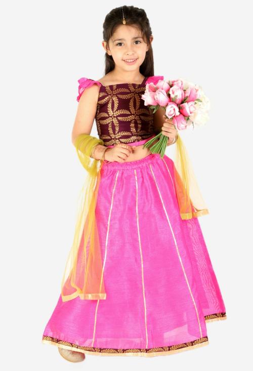KID1 Frill Sleeves Lehenga Choli Dupatta With Mang Tikka