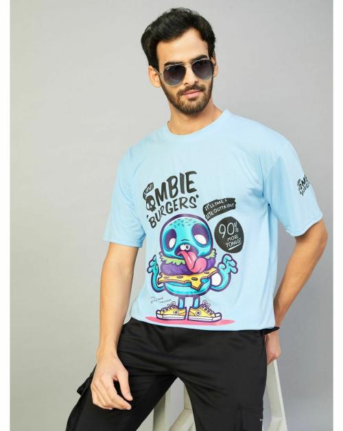 Gritstones Men Oversized Sky Blue Zombie Cotton T-Shirt