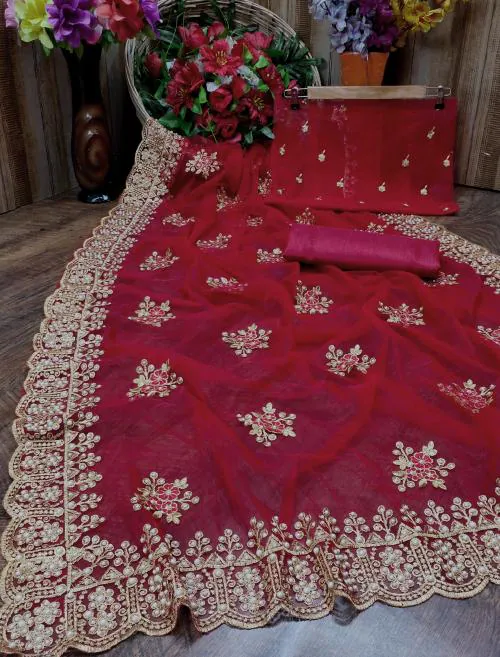 Red Heavy Net Saree With Embroidery Work