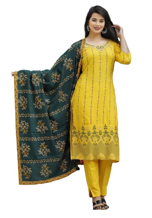 Clickedia Womens Fully Stitched Rayon Printed Straight Kurti with Thread Work , Embroidered and Rayon Dupatta with Pants Jaipuri Salwar Suit