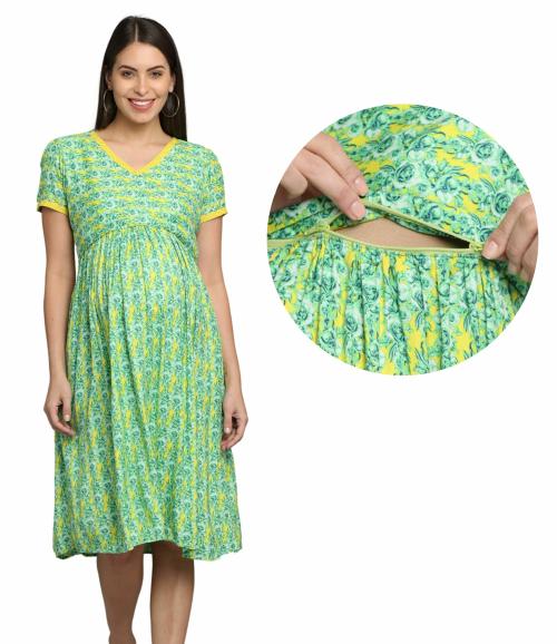 Morph Maternity | Pregnant Women Dress | With Hidden Horizontal Zip For Easy Breastfeeding | Fits During Pregnancy & Post Pregnancy | Soft Cotton | One Side Pocket | Green | M