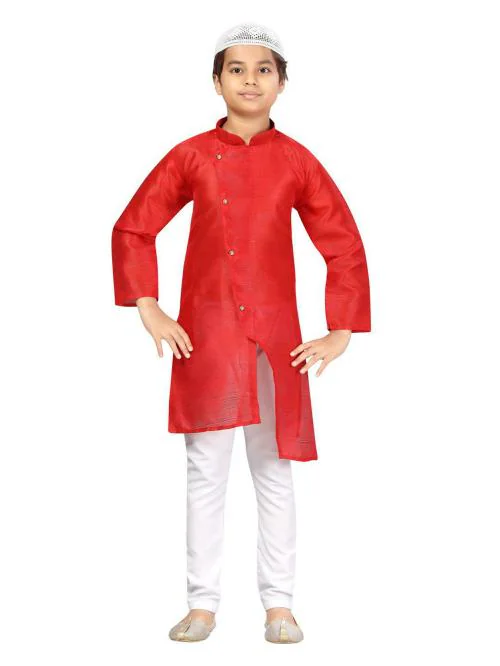 Little Mafia By Aarika Boys Red Color Kurta Pyjama with Cap
