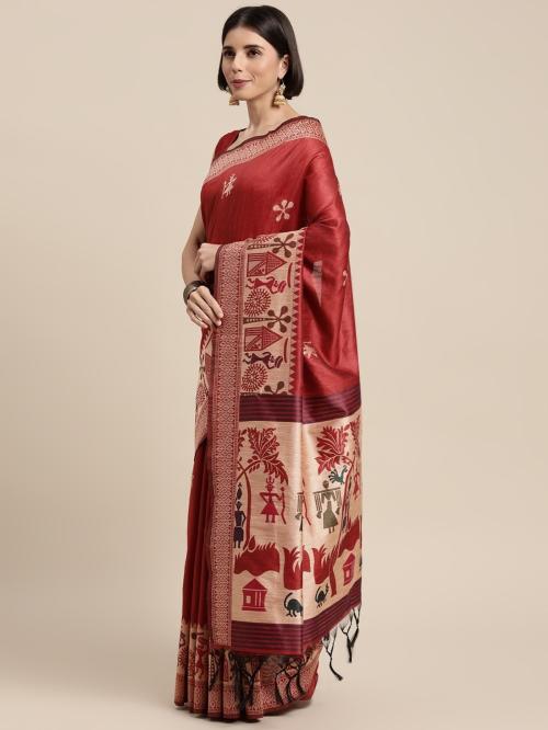 PANZORA Women Red and Cream Woven Design Silk Blend Banarasi Saree with Unstitched Blouse Piece