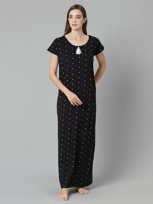 Ultraviolet Women Black Printed Cotton Nighty