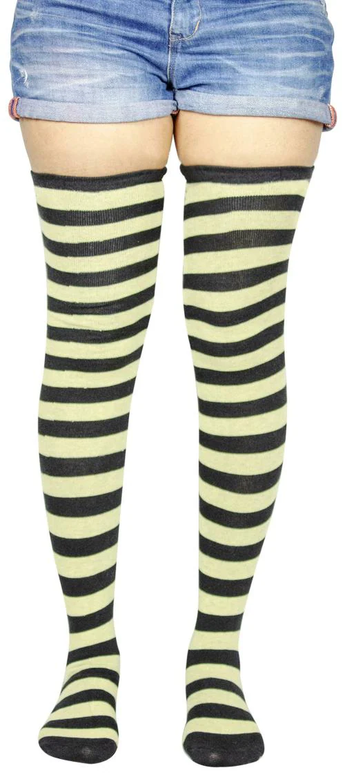 Neska Moda Women's 1 Pair Striped Cotton Thigh-High Stockings (Yellow, Black)