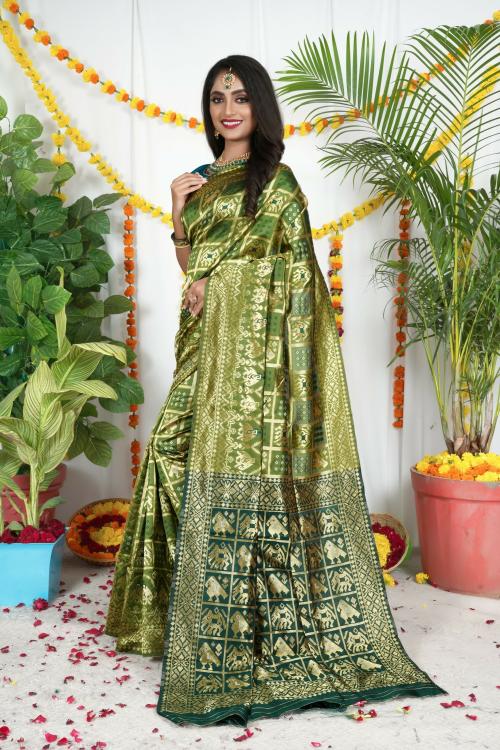 SWIFFIN Most Polular Litchi Silk Bandhani Light Green & Red Saree For Women/Women Saree With Unstitched Blouse-PATOLA HATHI-LIGHT GREEN